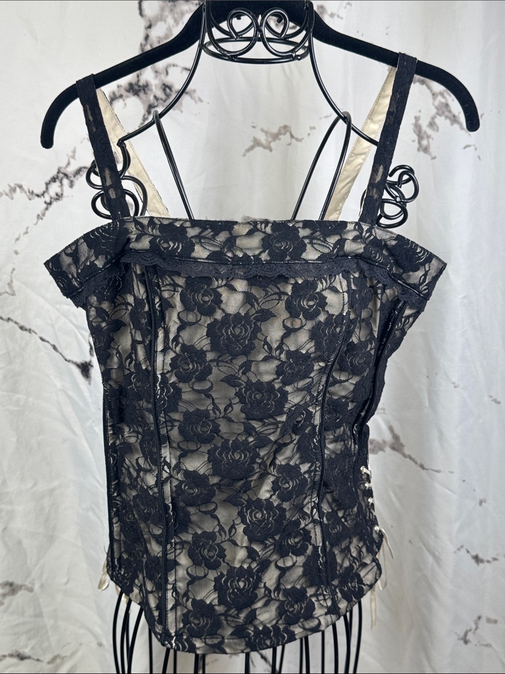 Tripp NYC Black Lace Corset Tank Top Floral Adjustable Strap Goth Witchycore
